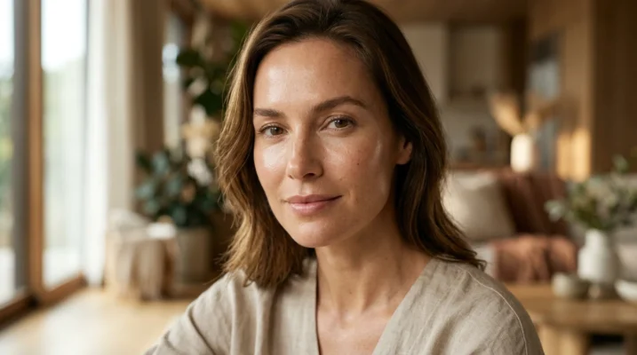 A woman with naturally radiant, hydrated, and healthy skin, showcasing a light, serum-infused makeup look