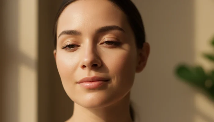 Close-up of healthy glowing skin with natural texture, showing the visible signs of well-protected complexion