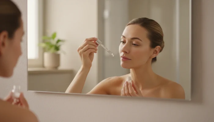 A woman applies a facial serum in front of the mirror—incorporating niacinamide and vitamin C into her daily skincare routine.