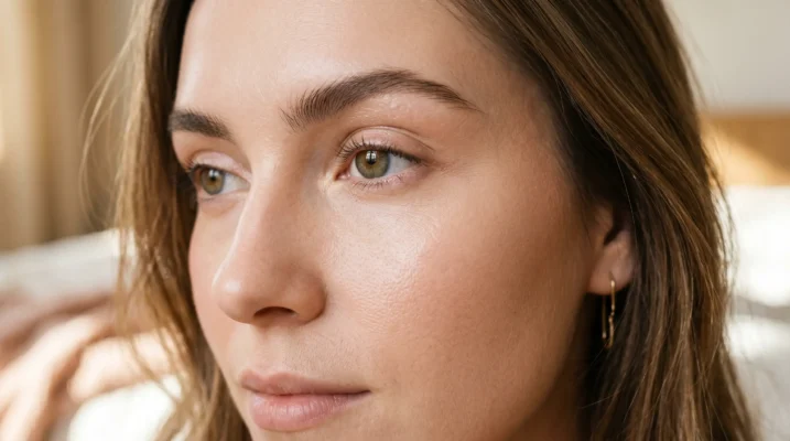 A refined no-makeup look on sensitive skin, showcasing a healthy glow and skin-first philosophy.