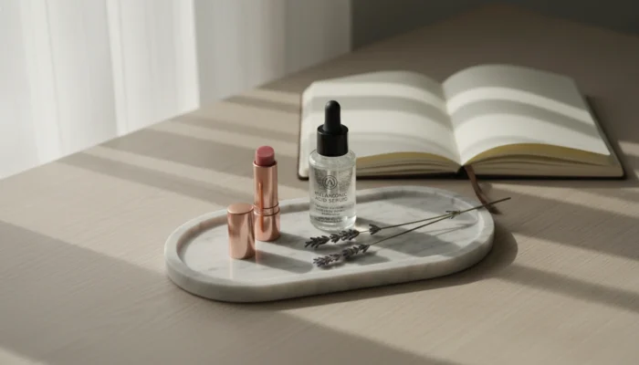 Calm vanity scene with a tinted lip balm, hyaluronic acid serum, and dried lavender — gentle, science-backed lip care ingredients for sensitive skin.