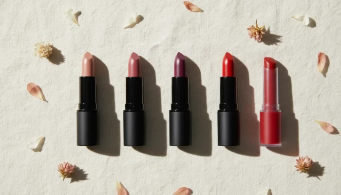 Flat-lay of five essential lipstick shades — nude, dusty rose, mauve, red, and tinted balm — representing calming makeup shades and emotional beauty choices.