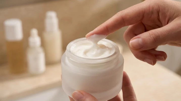 A close-up photograph of a luxurious, thick night cream in a glass jar, ready for application.