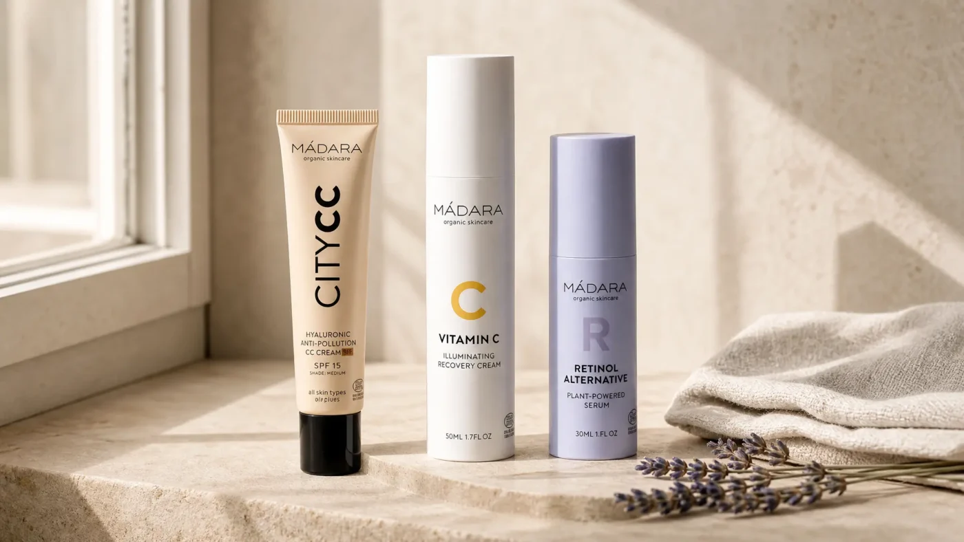A simple Mádara routine with City CC Cream, Vitamin C Recovery Cream and Retinol Alternative serum on a sunlit surface.