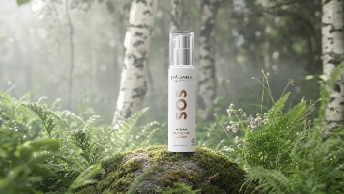 Mádara SOS Hydra Recharge Cream bottle on moss in a misty Baltic forest — featured in this Mádara Cosmetics review.