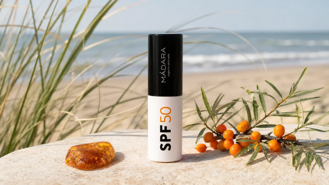 Mádara SPF 50 on a Baltic shoreline — reflecting the brand's sustainable skincare values from Latvia.