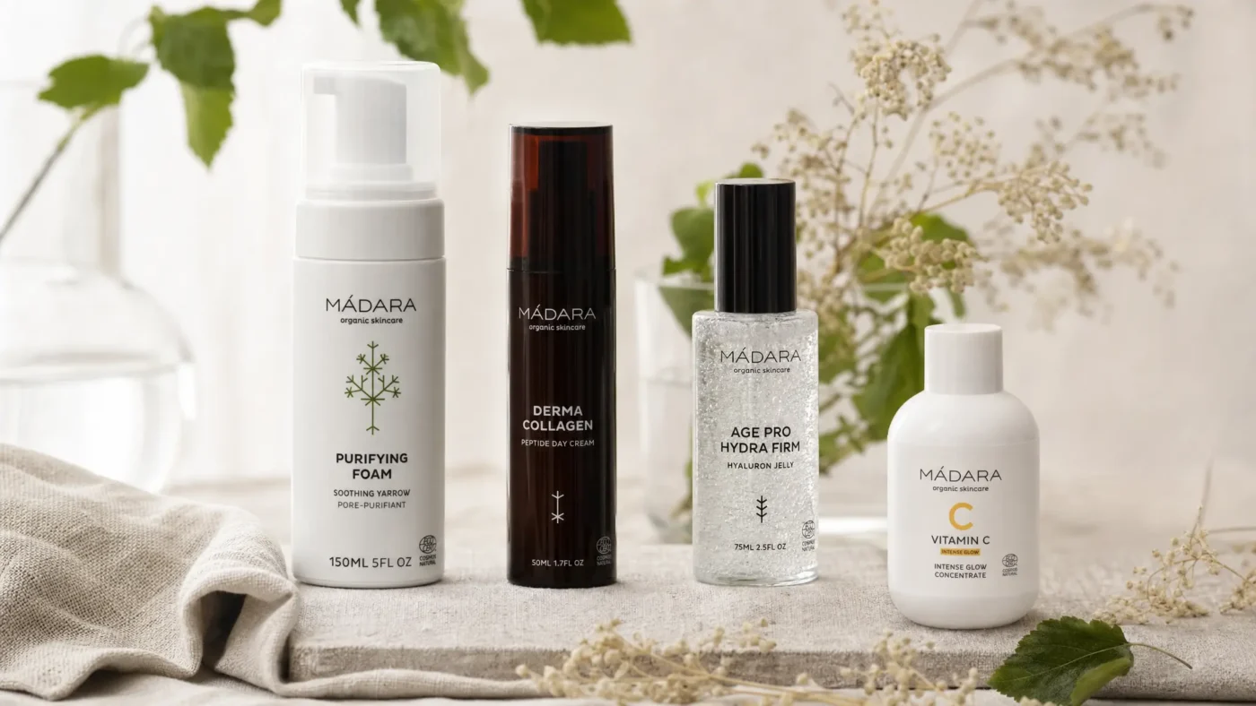 Mádara standout skincare products — Purifying Foam, Derma Collagen, Age Pro Hydra Firm and Vitamin C — in a Nordic flat lay.