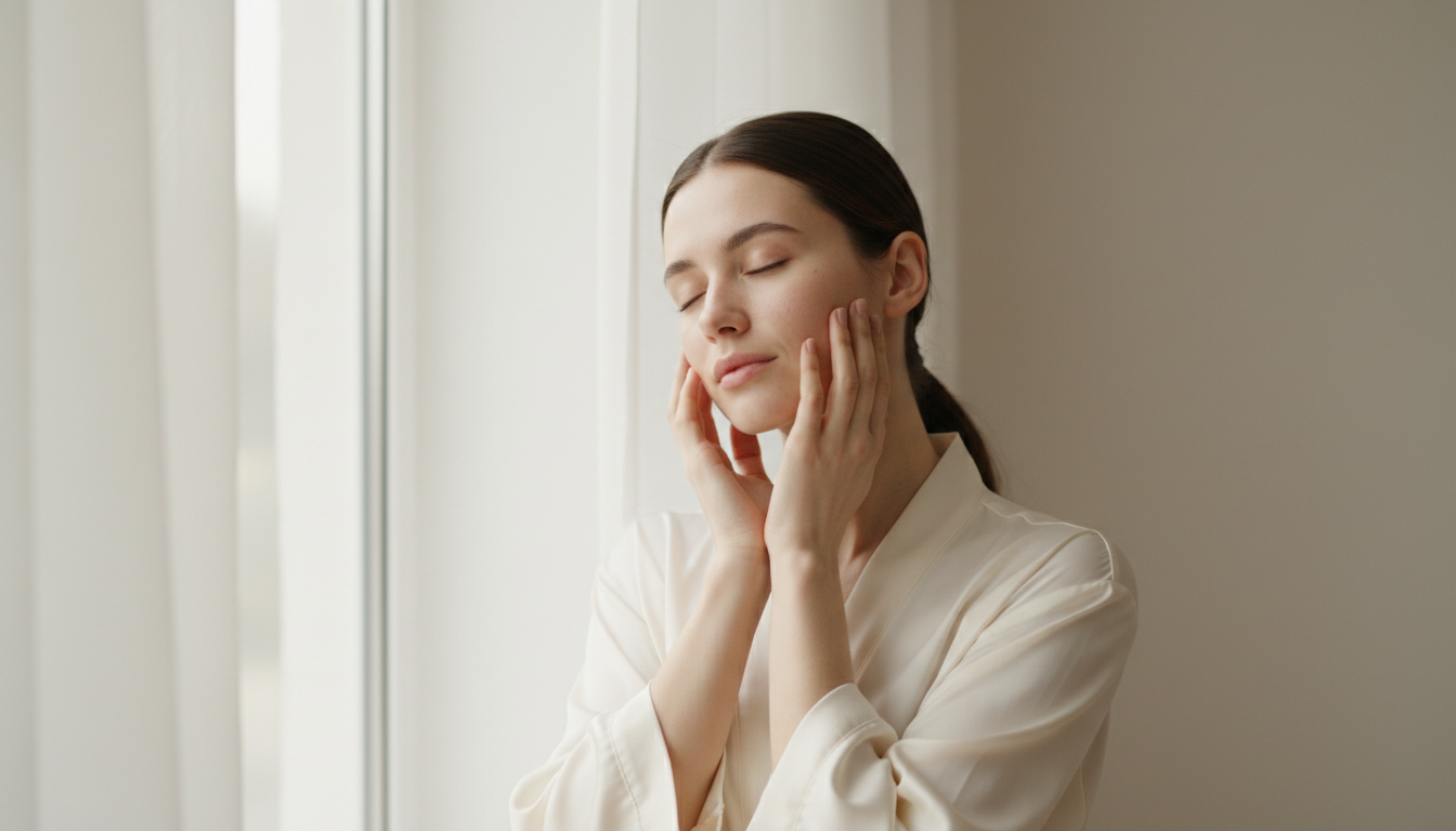 Woman with sensitive skin gently touching her face in soft morning light — managing sensitive skin naturally
