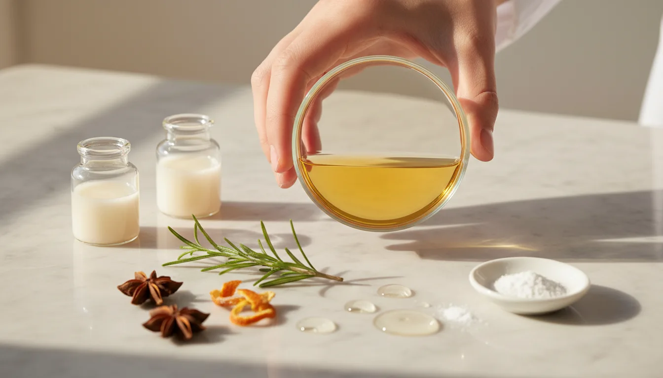 Petri dish with golden postbiotic liquid, niacinamide powder and hyaluronic acid droplets — scientifically backed ingredients for skin barrier repair.