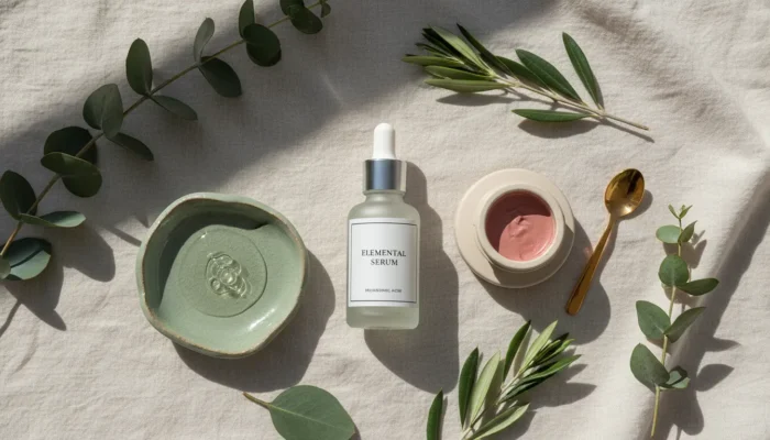 Flat lay of minimalist luxury cosmetics with niacinamide and hyaluronic acid serums on linen