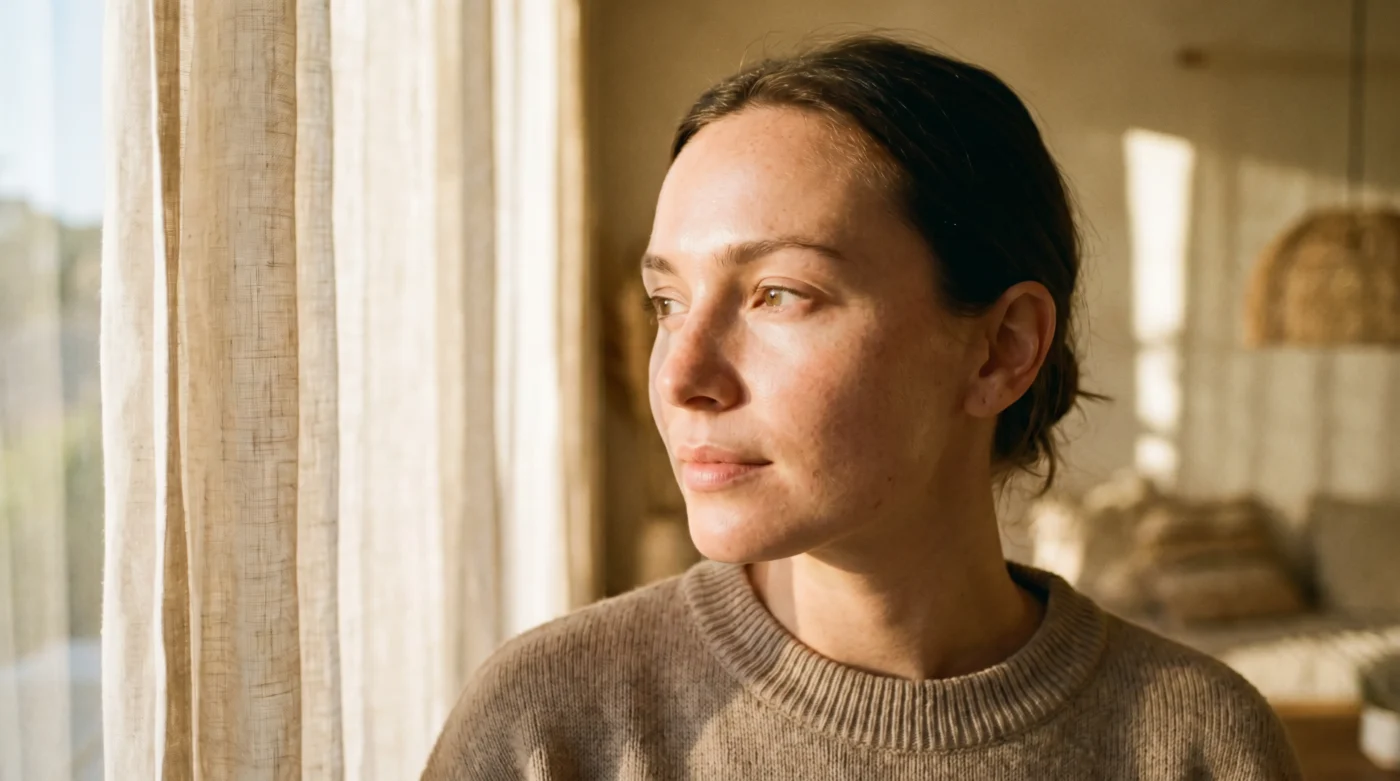 Close-up of a woman with natural luminous skin texture in soft morning light, representing minimalist beauty.
