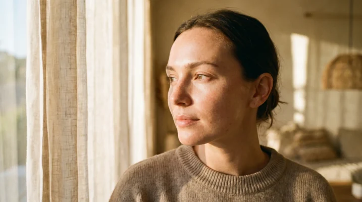 Close-up of a woman with natural luminous skin texture in soft morning light, representing minimalist beauty.
