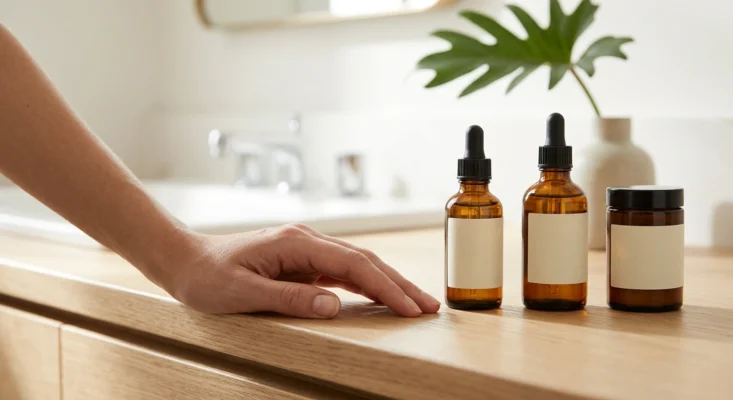 Three elegant glass bottles on a wooden surface, with a flower petal nearby.