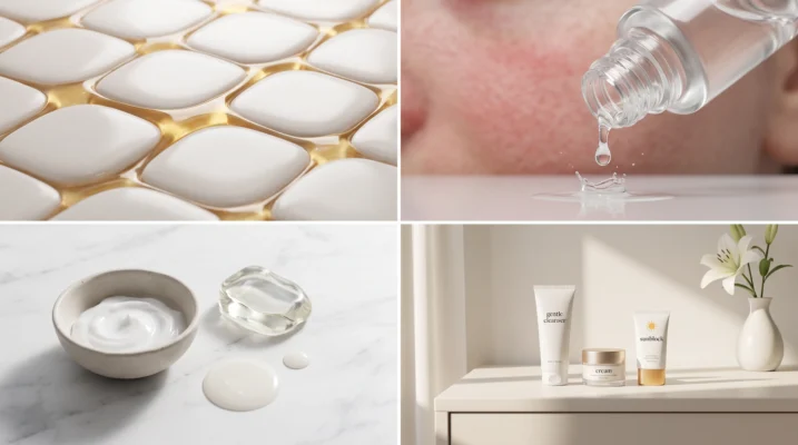A minimalist skincare routine on a vanity table, symbolizing the simplicity and effectiveness of a skin barrier reset.