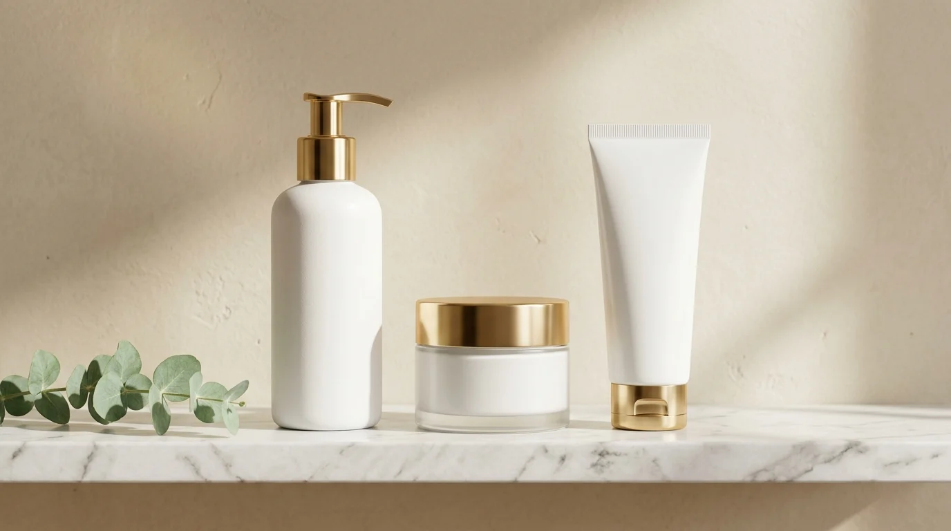 Three essential products for a minimalist skincare routine on a clean marble shelf