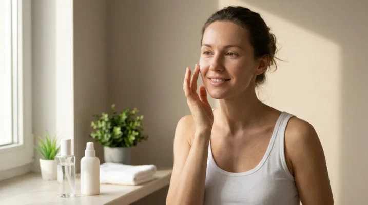 Woman with natural skin applying moisturizer in a bright bathroom, representing a minimalist skincare routine built on formulation transparency.