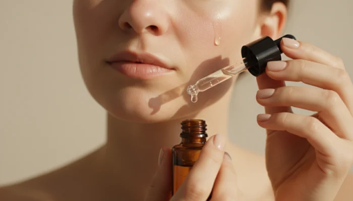 Woman applying a hydrating serum to sensitive skin — minimalist skincare routine for sensitive skin and barrier repair.