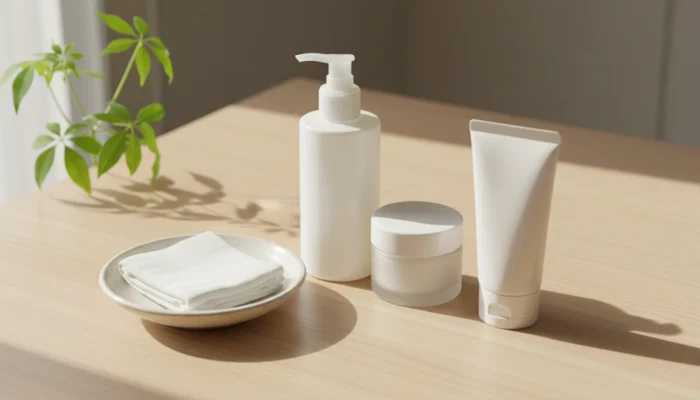 Minimalist skincare routine with three essential products: gentle cleanser, moisturizer, and sunscreen on a wooden surface