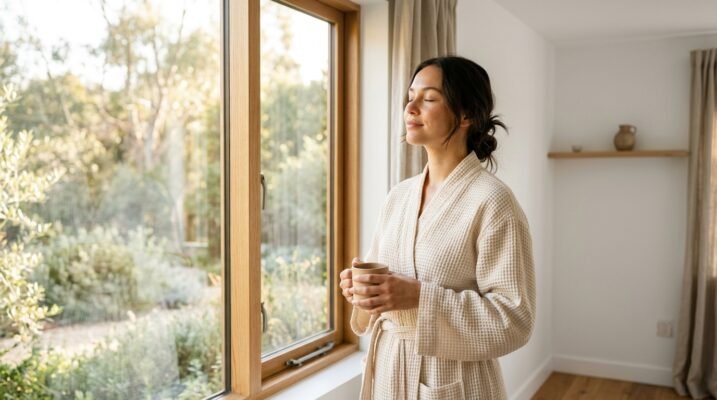 Woman facing morning natural light with eyes closed — screen-free morning ritual for protecting skin and circadian rhythm reset
