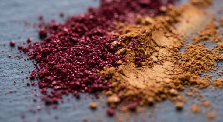 Crushed mineral pigments used in clean lipstick, showcasing rich and vibrant natural color payoff.