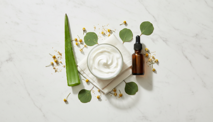 Natural skincare ingredients including aloe vera, chamomile and eucalyptus — scientifically backed ingredients for sensitive skin