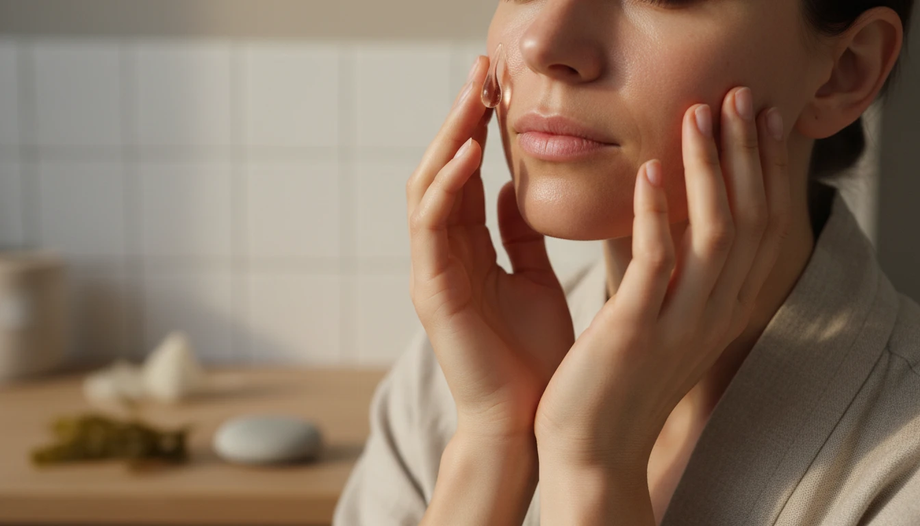 Woman gently applying marine serum to her cheek during a calming natural skincare ritual with seaweed skincare