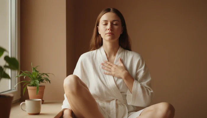 Woman practicing calming breathing ritual to lower cortisol and support skin