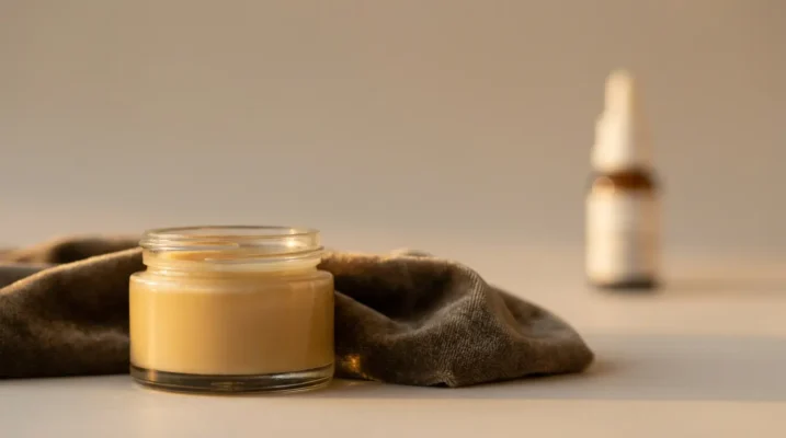 A minimalist arrangement of a rich skincare balm and raw velvet, illustrating the nourishing power of niche anti-aging ingredients over harsh retinol treatments.