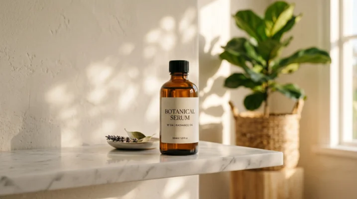 A premium amber glass bottle of niche microbiome-friendly serum, reflecting the quality and transparency of independent skincare brands.