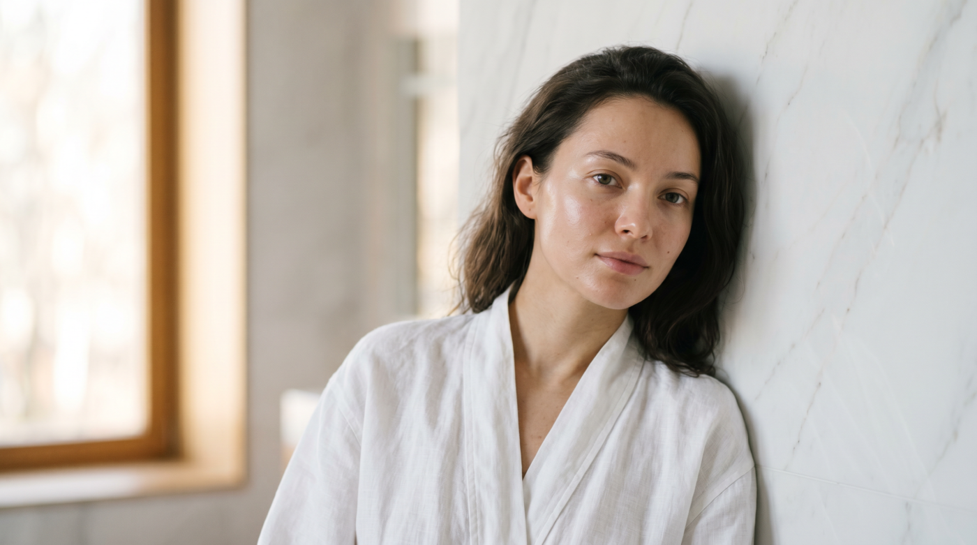 A woman with healthy, calm skin in soft morning light, representing the no-makeup look for sensitive skin.