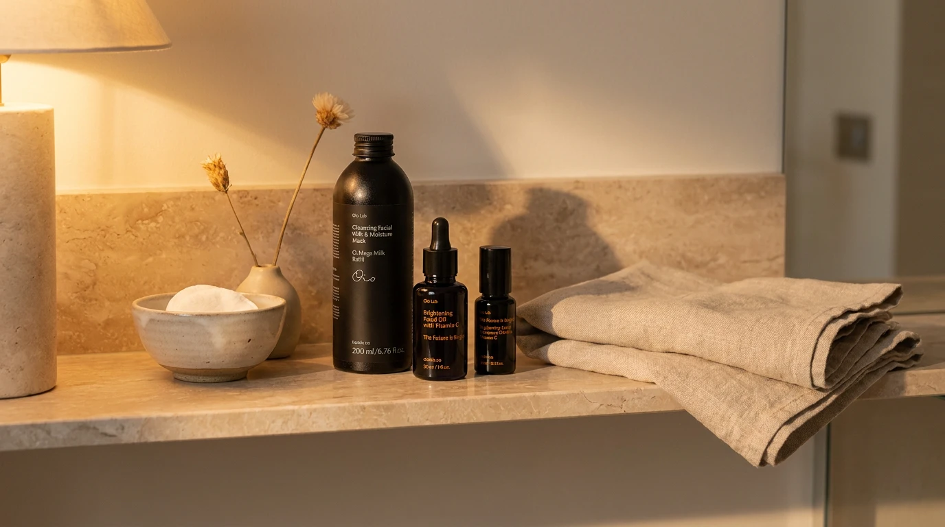 Oio Lab minimalist skincare routine on bathroom shelf — Polish biotech clean beauty brand evening ritual