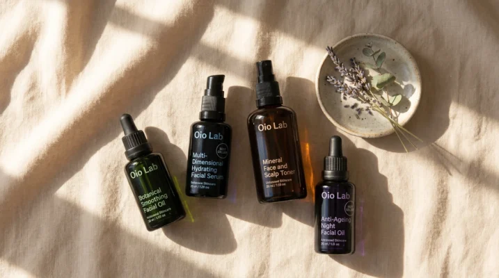 Oio Lab biotech clean beauty skincare products arranged on linen background — Polish skincare brand review