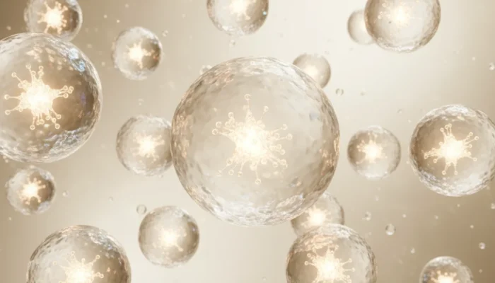 Organic Molecular Vessel (OMV™) technology visualization showing time-released delivery of active ingredients