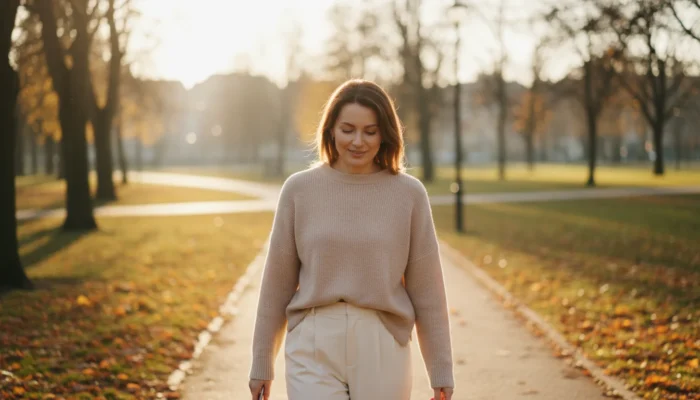 Woman walking outdoors in golden hour supporting hormonal balance and skin health