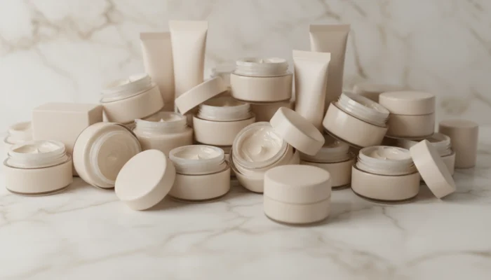 Cluttered flat lay of multiple barrier creams and ceramide jars illustrating the problem of over repairing skin
