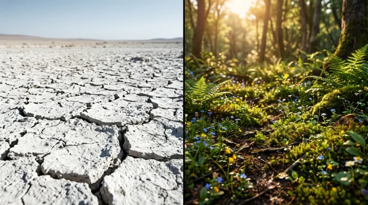A split screen showing dry, cracked earth versus a lush forest floor, illustrating the impact of harsh skincare on the microbiome.