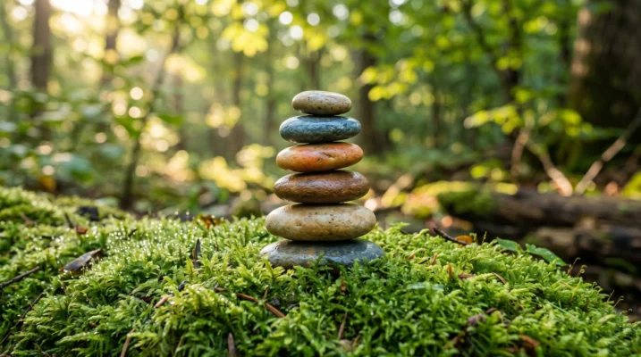 Balanced river stones on green moss, a metaphor for the delicate stability of the skin's microbial community.