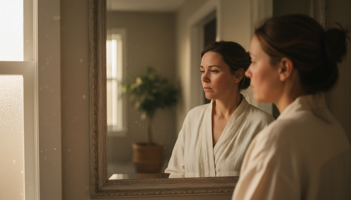 Woman with flushed sensitive skin looking tired in bathroom mirror during overstimulated morning routine