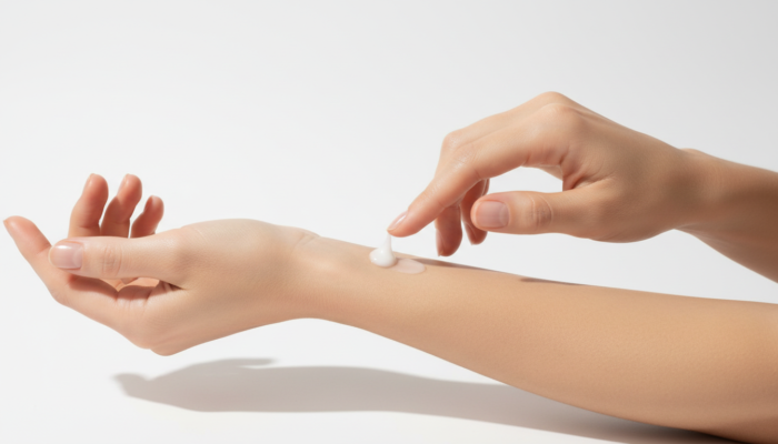 Woman patch testing skincare cream on forearm — how to reduce sensitive skin reactions safely