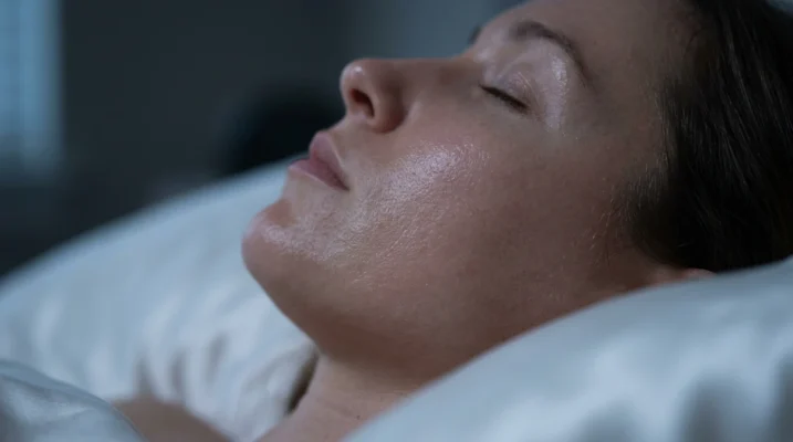 A close-up photograph of a woman sleeping peacefully, illustrating the overnight skin repair process.