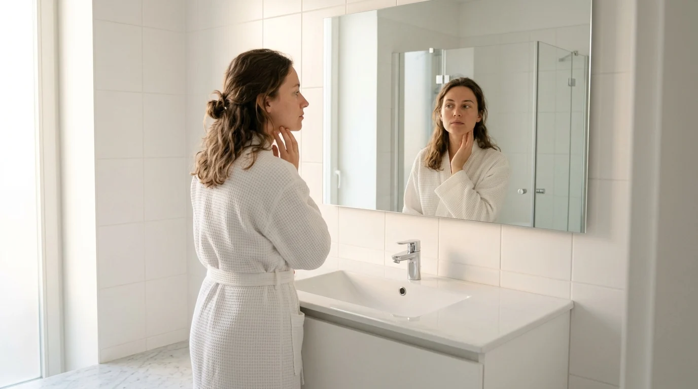 Woman looking at her reflection in bathroom mirror — post-burnout recovery and restoring your skin after stress