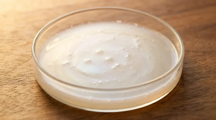 Close-up of fermented probiotic skincare liquid with microscopic bubbles, showing the active ingredients that support skin health.
