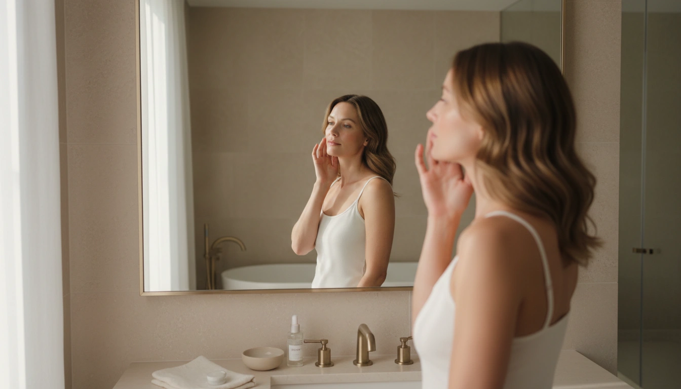 Woman with bare glowing skin practicing quiet luxury makeup ritual in softly lit bathroom