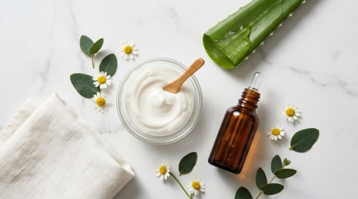 Natural skincare ingredients for restoring the skin barrier — ceramide cream, aloe vera, chamomile and serum