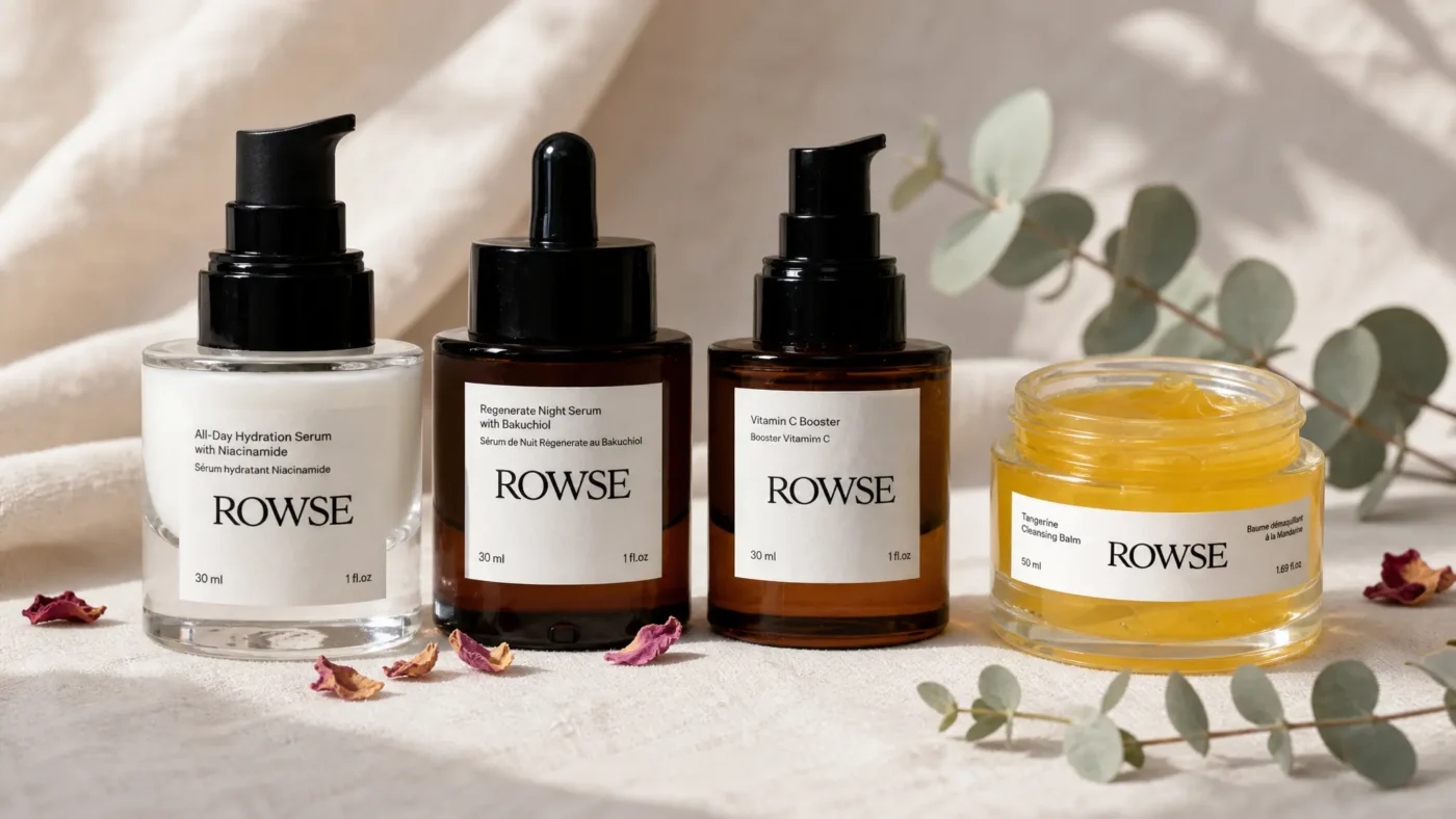 Rowse Beauty product lineup featuring All-Day Hydration Serum, Regenerate Night Serum with Bakuchiol, Vitamin C Booster, and Tangerine Cleansing Balm — niche Spanish skincare brand