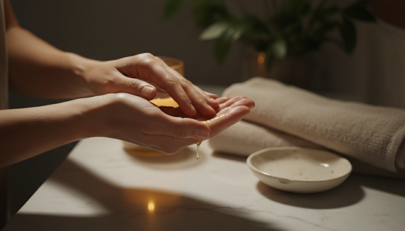 Woman's hands warming facial oil between palms in a softly lit evening bathroom — Rowse Beauty review botanical skincare ritual
