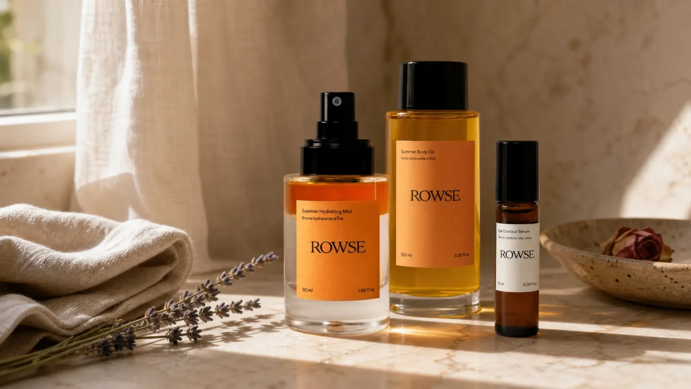 Rowse Beauty Summer Hydrating Mist and Summer Body Oil on a marble vanity with linen and dried botanicals — luxury botanical skincare routine