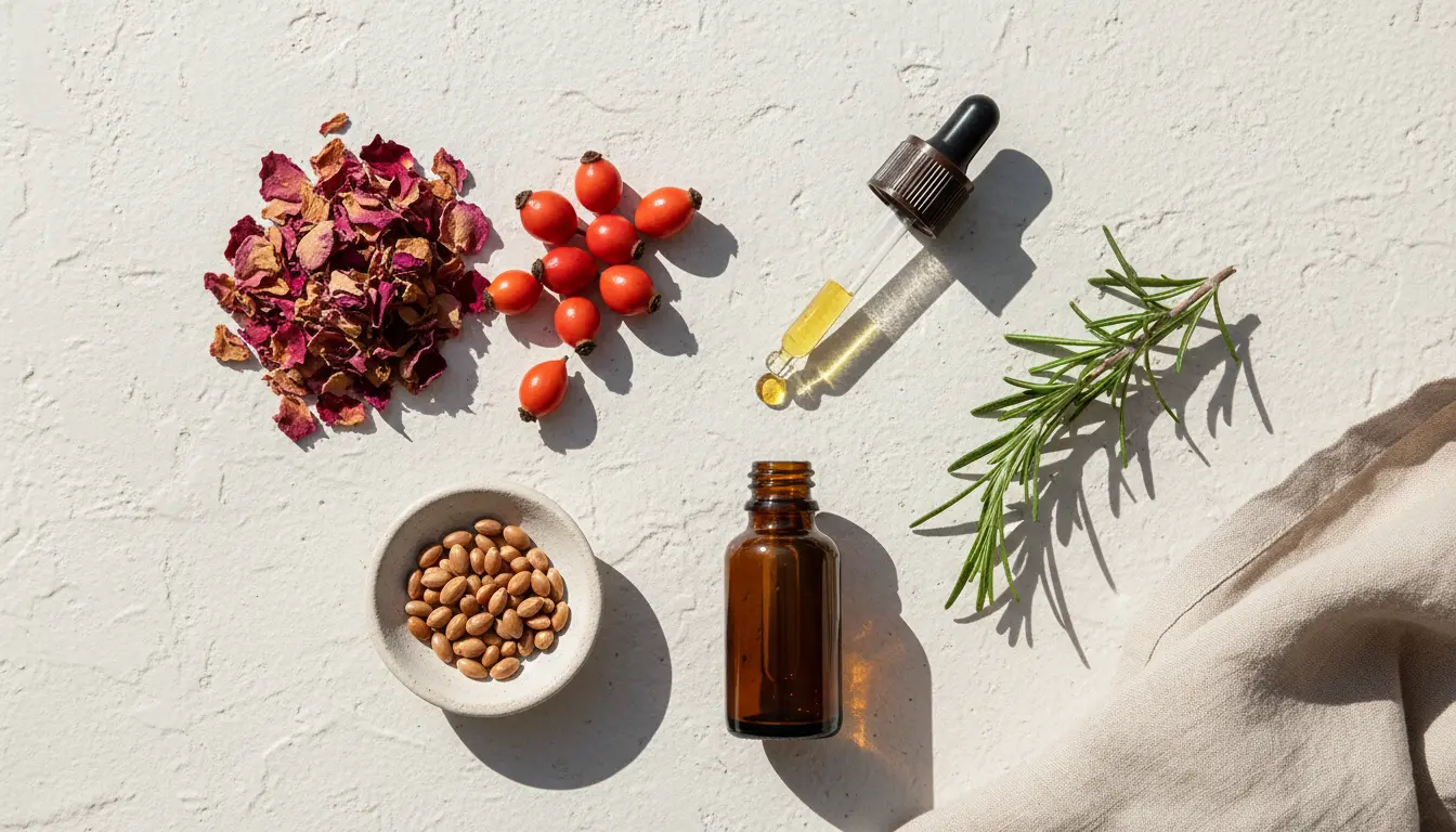 Flat lay of botanical skincare ingredients including rosehip, dried roses, jojoba seeds, and a glass dropper — plant-based skincare science