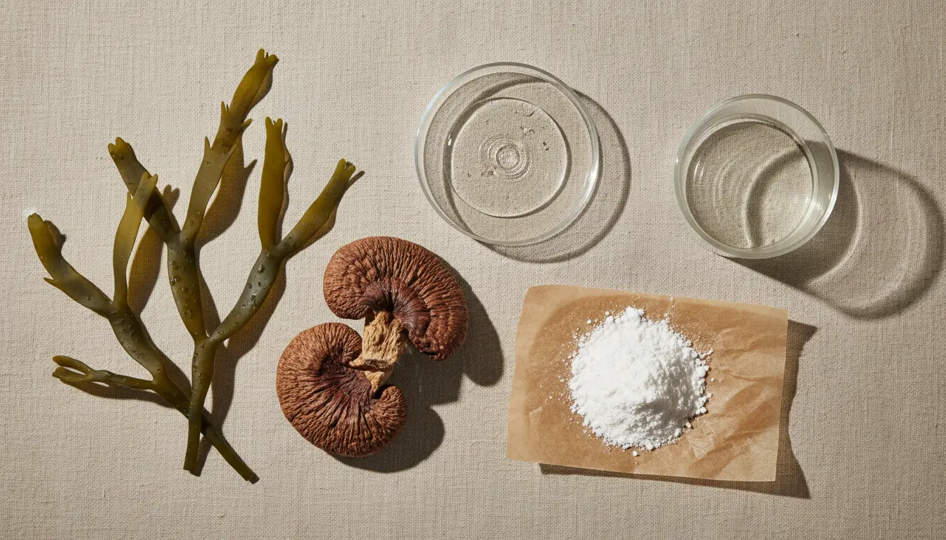 Flat lay of marine skincare ingredients including bladderwrack, reishi, chaga, hyaluronic gel and niacinamide powder used in adaptogen skincare routine