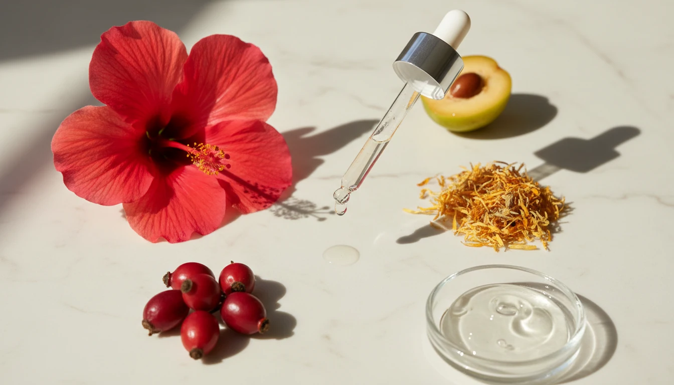Hibiscus, rosehip and hyaluronic serum droplet — scientifically backed skincare ingredients